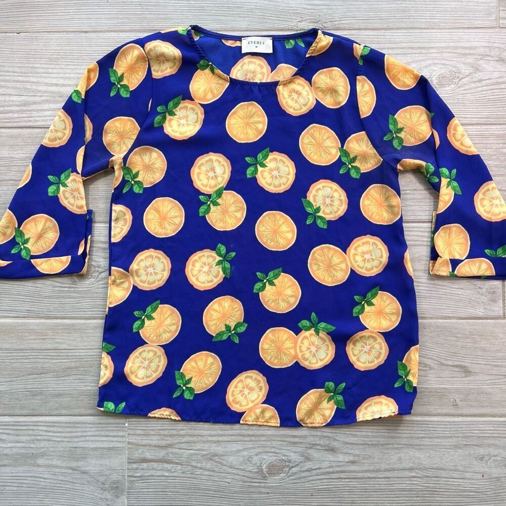 Everly Womens Blue Lemon Print 3/4 Sleeves Blouse Size Small‎